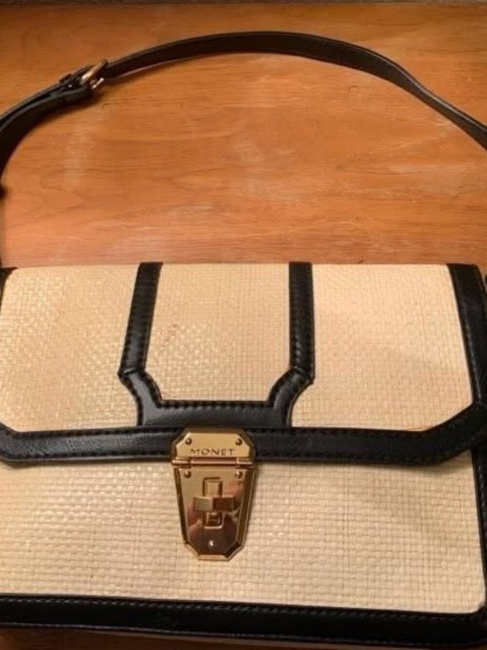 NWT Monet Straw Shoulder/Crossbody Bag with Black Faux Leather Trim